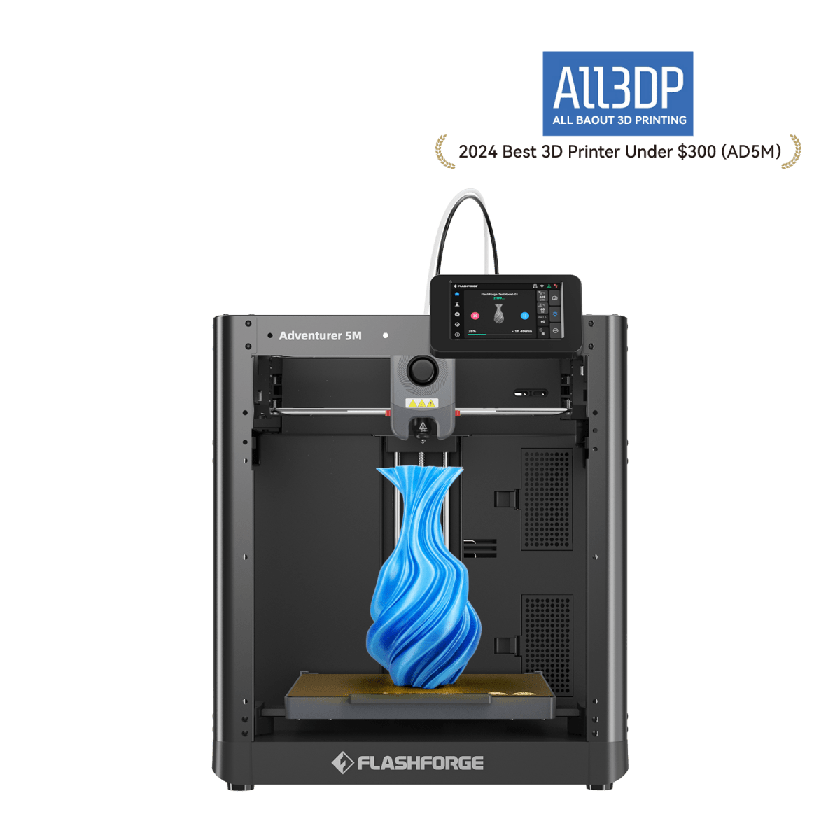 طابعة Flashforge Adventurer 5M بهيكل مفتوح وشاشة أمامية ومزهرية زرقاء ملتفة على منصة الطباعة